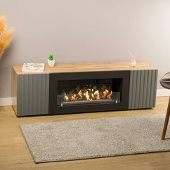 Тумба под ТВ с биокамином SteelHeat LIVORNO IMPULSE 140 см (корпус дуб Вотан / фасады Гротто Гранит)