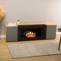 Тумба под ТВ с биокамином SteelHeat IMOLA IMPULSE 140 см (корпус дуб Вотан / фасады дуб Гротто Гранит)