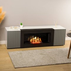 Тумба под ТВ с биокамином SteelHeat IMOLA IMPULSE 140 см (корпус белый / фасады гротто гранит)